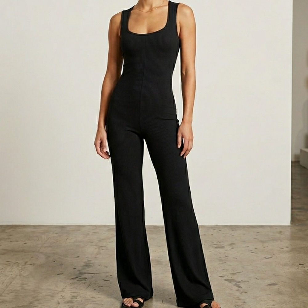 OQQ Ribbed Wide Boot Cut Jumpsuit